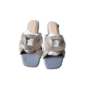 Shoe Dazzle Blue Denim Rhinestone Embellished Slide Mules size 6